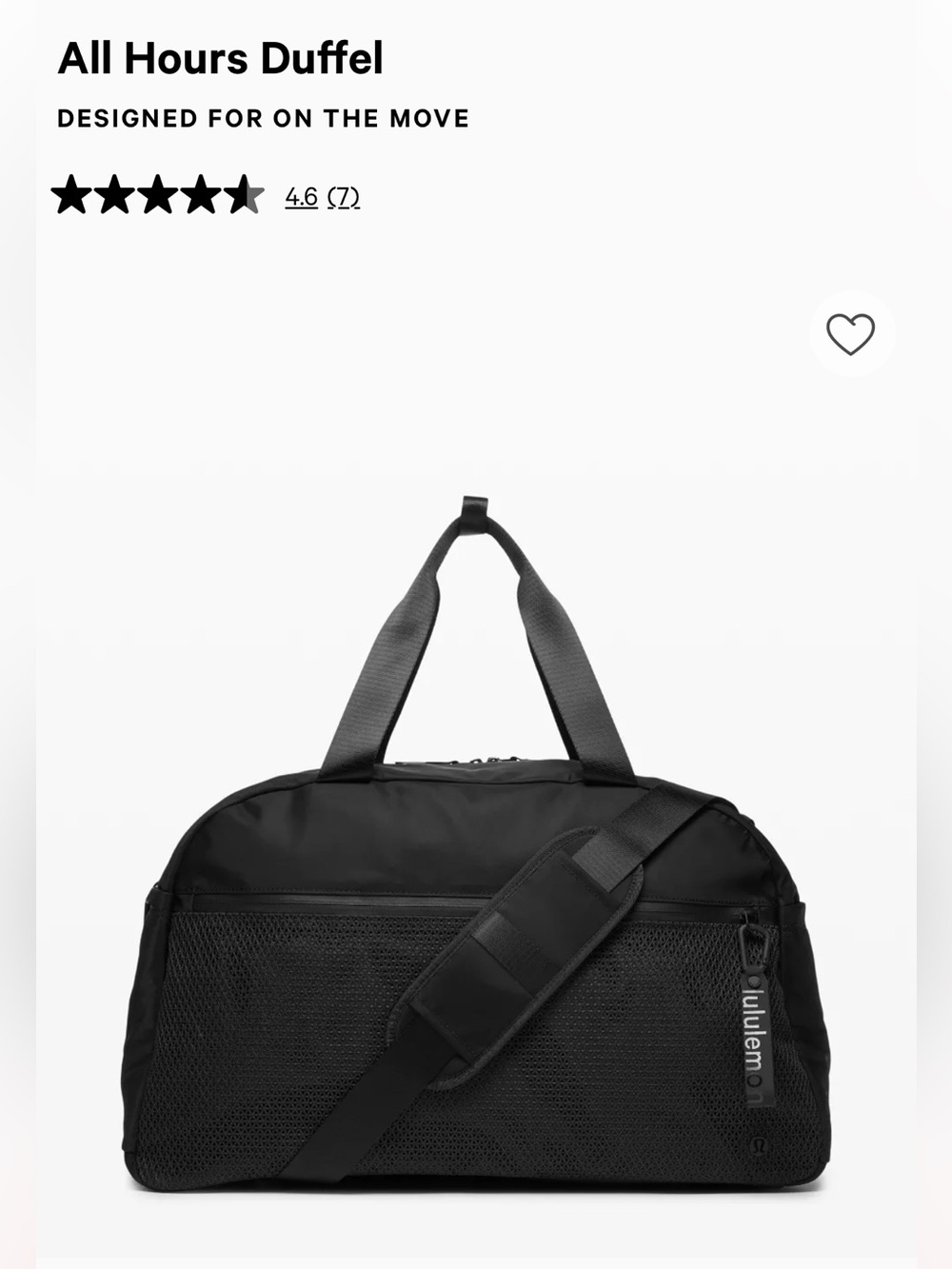 lululemon athletica Black Travel Duffel with Mesh Pocket